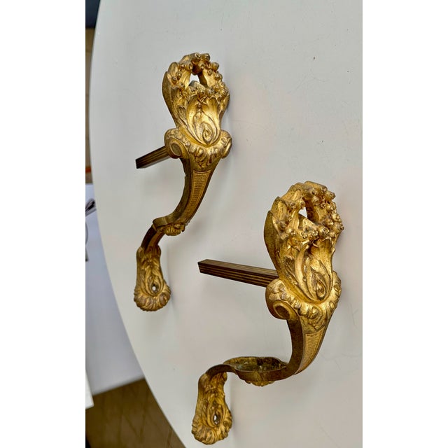 French Large Pair Antique French Gilt Bronze Curtain Tie Back Brackets For Sale - Image 3 of 16