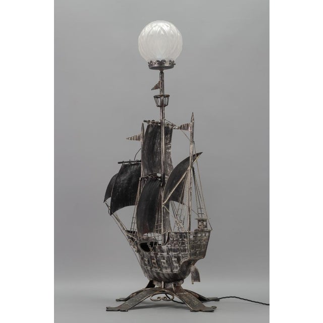 Rustic Spanish Wrought Iron and Glass Galleon Sailing Ship Shaped Floor Lamp, 1950s For Sale - Image 3 of 18