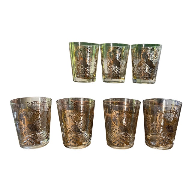 Mid 20th Century Osborne Kemper Thomas Gold Peacock Whiskey Glasses - Set of 7 For Sale