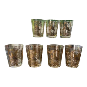 Mid 20th Century Osborne Kemper Thomas Gold Peacock Whiskey Glasses - Set of 7