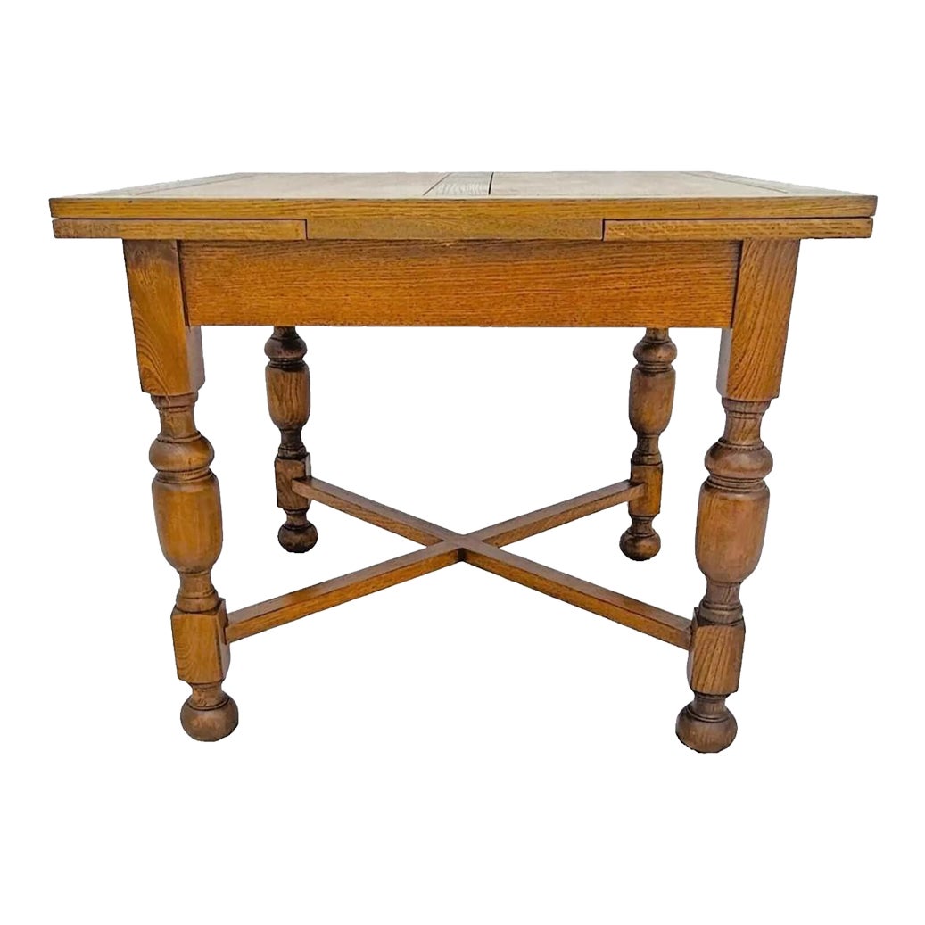 Vintage 1930s English Quarter Sawn Oak Draw Leaf Table Refectory Dining  Table 1930s