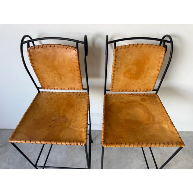 1990s Pair of Vintage Spanish Style Wrought Iron & Leather Barstools For Sale - Image 5 of 11