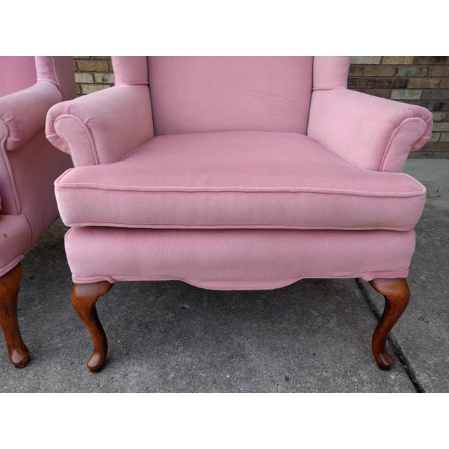 Vintage Queen Anne Pink Velvet Wingback Chairs by Sam Moore Furniture