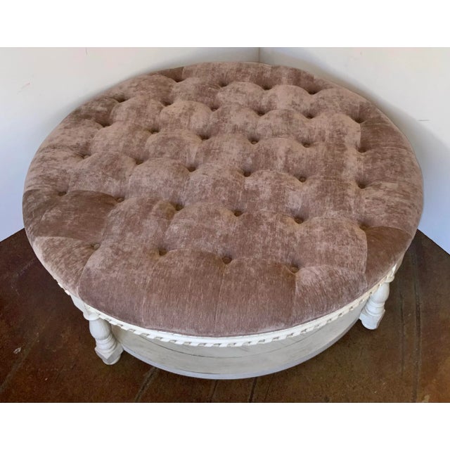 Stylish A.R.T. Transitional Mauve Velvet Tufted Ottoman, white washed carved wood base, showroom floor sample