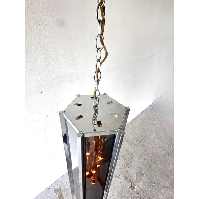 Mid-Century Modern Frederick Ramond Mid-Century Smoked Glass & Chrome Hexagonal Lantern Swag Pendant For Sale - Image 3 of 8