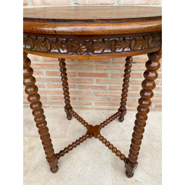 Wood 1930s Spanish Round Carved Wood Side Table With Bobbin Turned Legs For Sale - Image 7 of 10