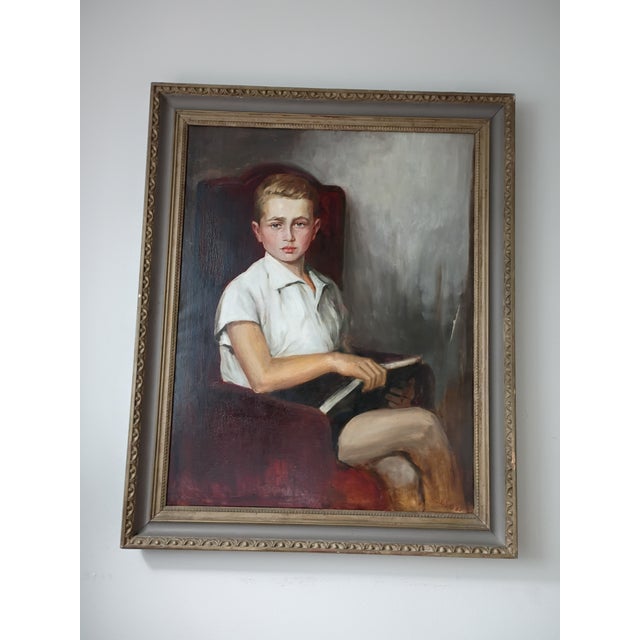 Early 19th Century Realism Seated Boy Portrait Oil Painting by Margot Clark (Signed "Vargoss") – 34" X 41 For Sale - Image 13 of 15