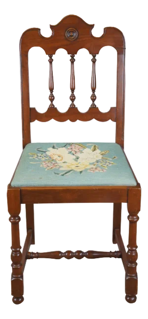 Antique Early 20th Century Michigan Chair Company Walnut Side Chair Embroidered Seat