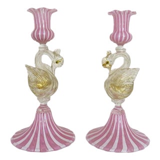 Pair of Italian Murano Glass Swan Candlesticks Candle Holders Venetian For Sale
