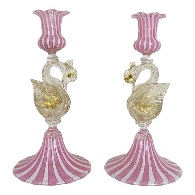 Pair of Italian Murano Glass Swan Candlesticks Candle Holders Venetian For Sale