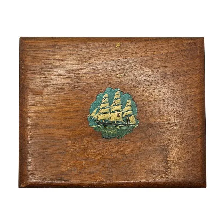 Vintage Brown Nautical Sailing Ship Wood Box With Hinged Lid