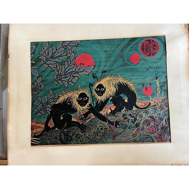 Mid-Century Modern Vintage Jesse Allen Art Print 1960s MCM Fantasy Africa Faux Bamboo Frame For Sale - Image 3 of 6