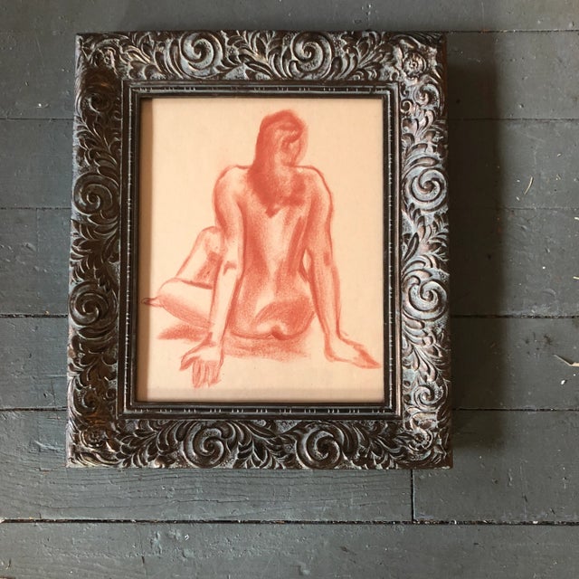 Original Vintage Female Nude Sepia Drawing Vintage Frame For Sale - Image 4 of 4