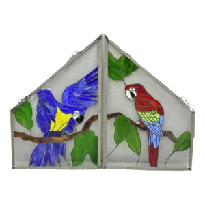 Vintage Leaded Stained Glass Red and Blue Parrot Bird Window Suncatcher - a Pair