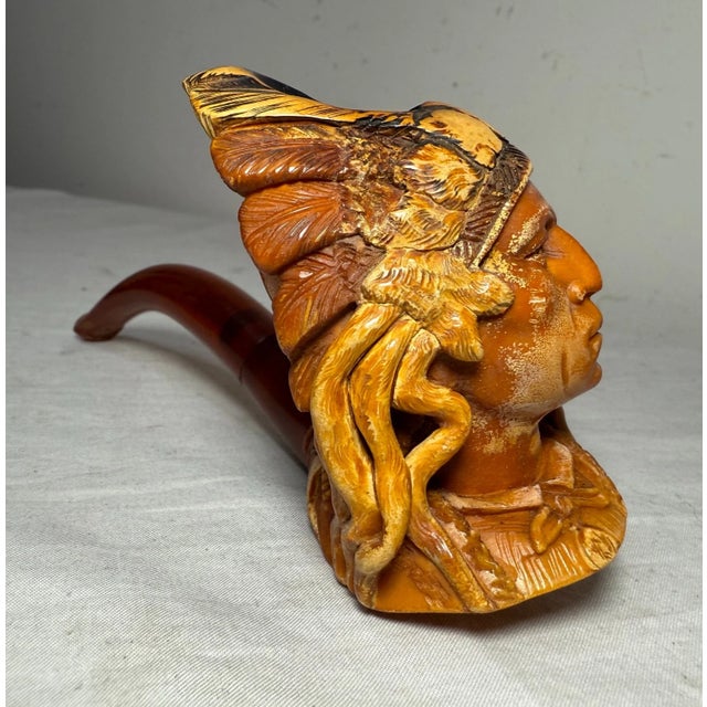 Alabaster Antique 19th Century Hand Carved Meerschaum Indian Chief Smoking Pipe W/ Case For Sale - Image 8 of 14