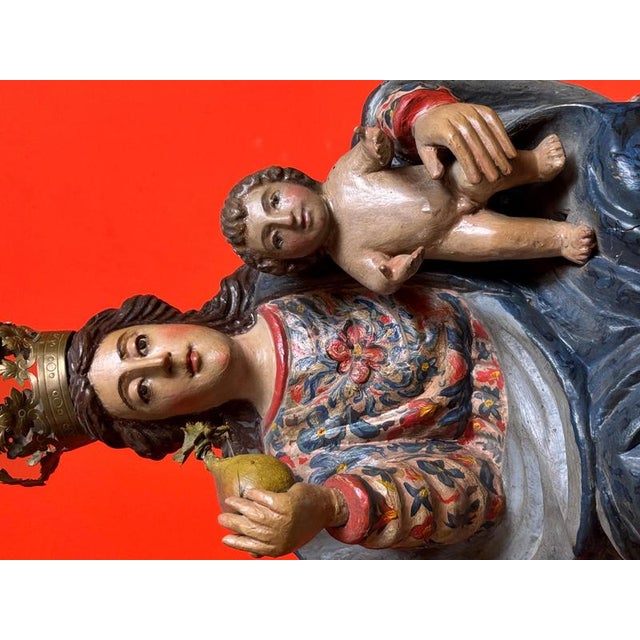 Gold Spanish Virgin and Child in Polychrome Wood on Cloud with Cherubs For Sale - Image 8 of 12