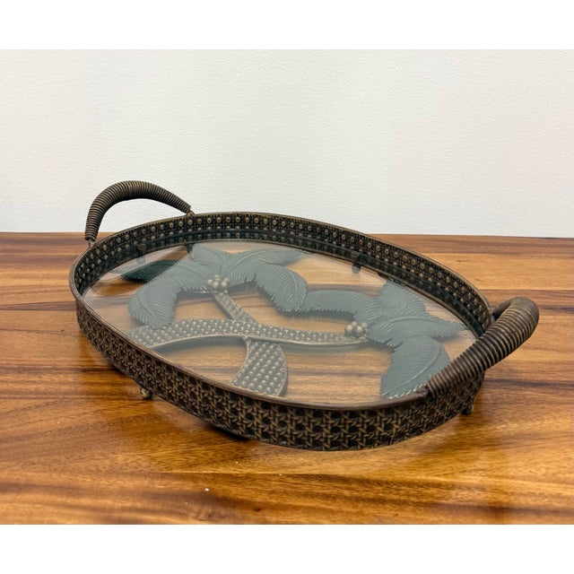 Metal Vintage Coastal Palm Tree Glass Serving Tray With Metal Frame For Sale - Image 7 of 8