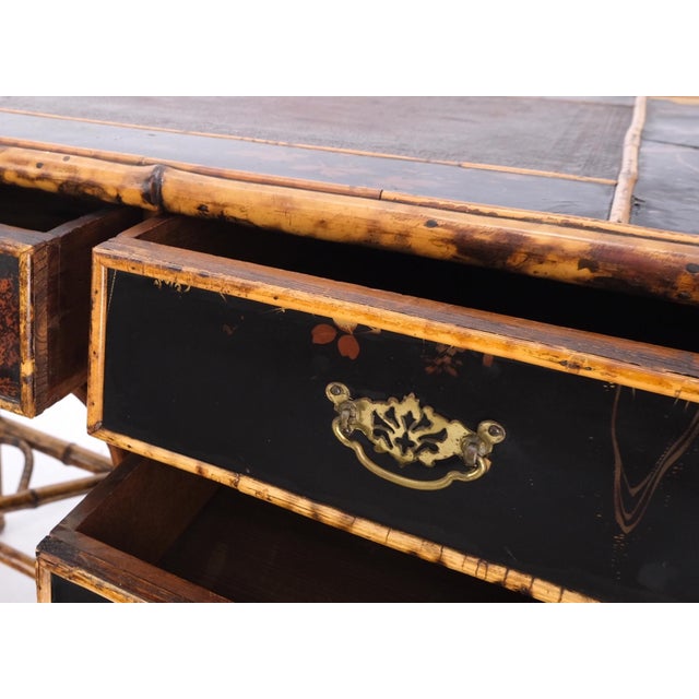 Antique Asian Oriental Chinese burned bamboo hand painted decorated desk writing table.