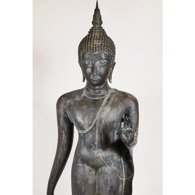 A beautiful, circa 1920, cast bronze Buddha in mid-stride atop a stylized lotus blossom. The figure is clad in see-through...