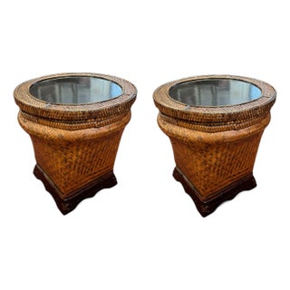 Mid-Century Boho Coastal Rattan Storage Side Tables - A Pair For Sale