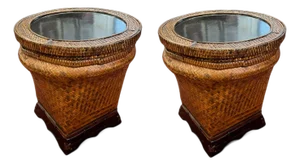 Mid-Century Boho Coastal Rattan Storage Side Tables - A Pair