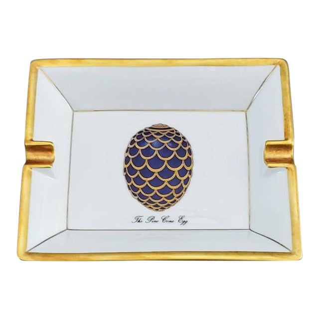 House of Faberge & Limoges Porcelain Tray With Hand Painted Parcel Gilt Pine Cone Egg For Sale