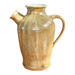 Artist-Crafted Pottery Pitcher, Brown-Speckled Glaze, Artist Signed For Sale