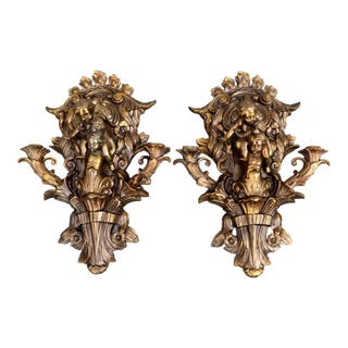 Bronzed Cherub Wall Sconces Ornate Pair Gold Rococo Baroque Putti Candle Holder For Sale