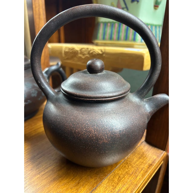 Sculpture Materials Chinese Handmade Dark Brown Zisha Clay Arch Handle Display Teapot Art For Sale - Image 7 of 13