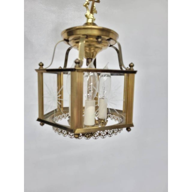 Vintage Brass Lantern Neo Decor Starburst Etched Glass Chandelier Entryway, Old World Glam For Sale - Image 4 of 10
