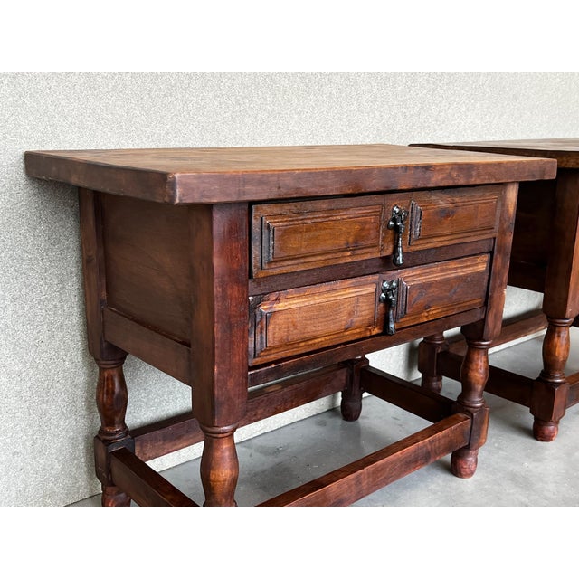 20th Century Pair of Spanish Nightstands with Two Drawers and Iron Hardware For Sale - Image 11 of 18