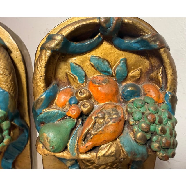 19th Century Large Pair Antique j.b. Hirsch Patinated Bronze Clad Fruit Baskets Bookends For Sale - Image 5 of 12