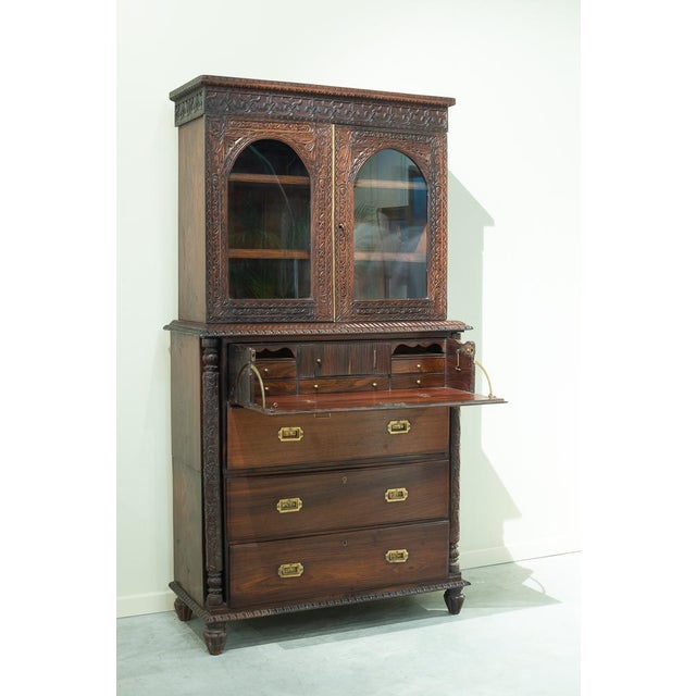 Antique Anglo-Indian Carved Desk Bookcase, India, 19th Century For Sale - Image 4 of 18