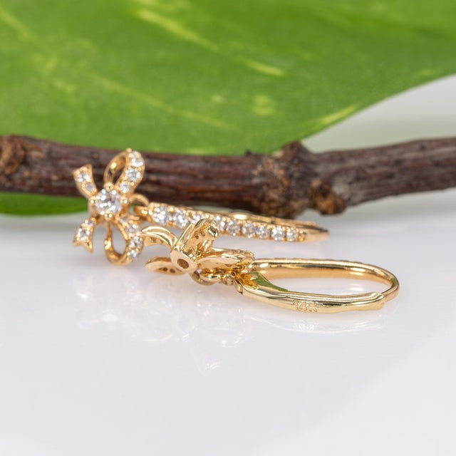 Earth-Mined Diamond Bow Earrings: Solid 14k Gold – Leverback – Gift for Her, A Pair For Sale - Image 4 of 5