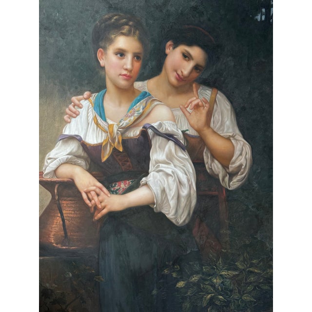 A highly refined and decorative oil on canvas reproduction executed after “The Secret” by William-Adolphe Bouguereau, one...