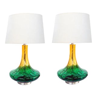 Large American 1970s Yellow and Green Art Glass Lamps - a Pair For Sale
