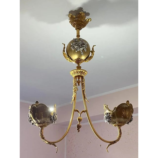 Metal Vintage Italian Hanging Lamp in Brass and Porcelain, 1980s For Sale - Image 7 of 10