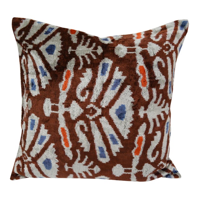 Silk Uzbek Ikat Velvet Hand Made Square Pillow Cushion For Sale