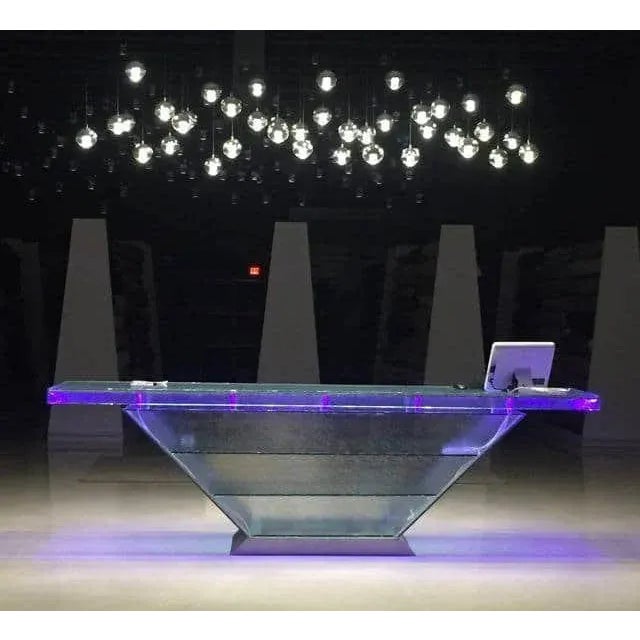Custom made reception desk. 3/8" Rain Glass 1/2" Clear Glass Shelves, LED Lights, Stainless Steel Base and Standoffs 130"...