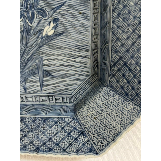 Antique Japanese Blue and White Octagonal Plate With Iris Motif For Sale - Image 6 of 14