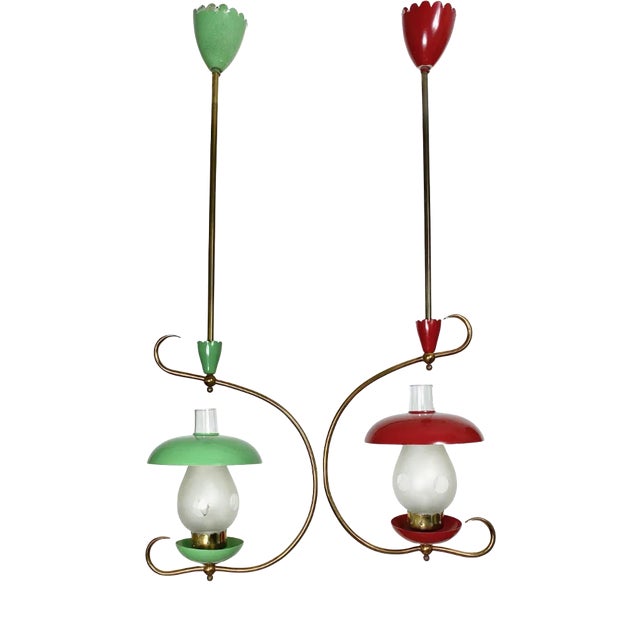 Green & Red Metal & Brass Pendant Light, Italy, 1950s, Set of 2 For Sale