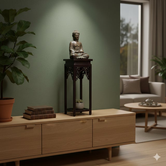 4.75" Dark Brown Scroll Pattern Square Tall Slim Wood Display Stand Riser For Sale - Image 9 of 9