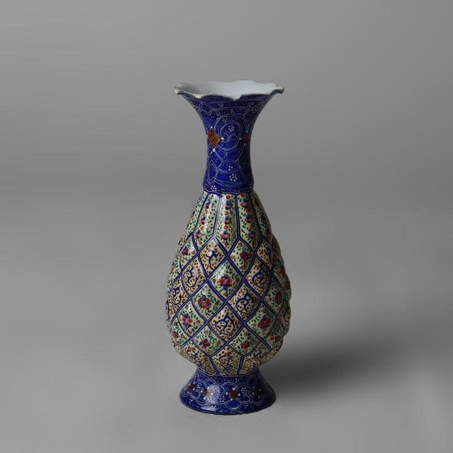 Antique Persian Quilted Porcelain Floral Enameled Vase Signed C1920 Measures - 6" x 2 1/2" x 2 1/2" This exquisite antique...