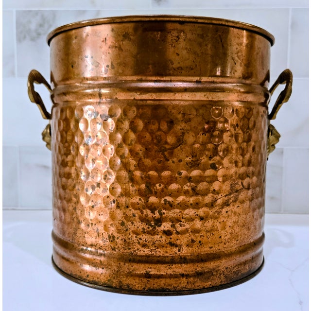 Copper Vintage Hammered Copper Coal Scuttle Bucket With Brass Satyr Handle – Fireplace, Hearth, or Umbrella Stand For Sale - Image 8 of 11