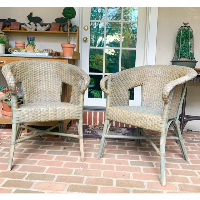 This is a charming set of original, possibly Victorian, bentood or rattan chairs with hand woven wicker bodies. Very...