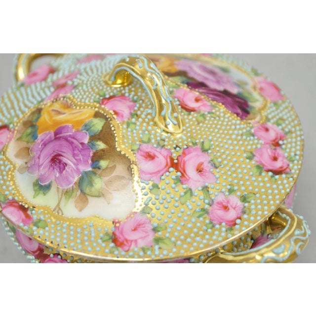 Ceramic Antique Nippon Hand Painted Gold Gilt Porcelain Green Moriage Covered Sugar Bowl For Sale - Image 7 of 16