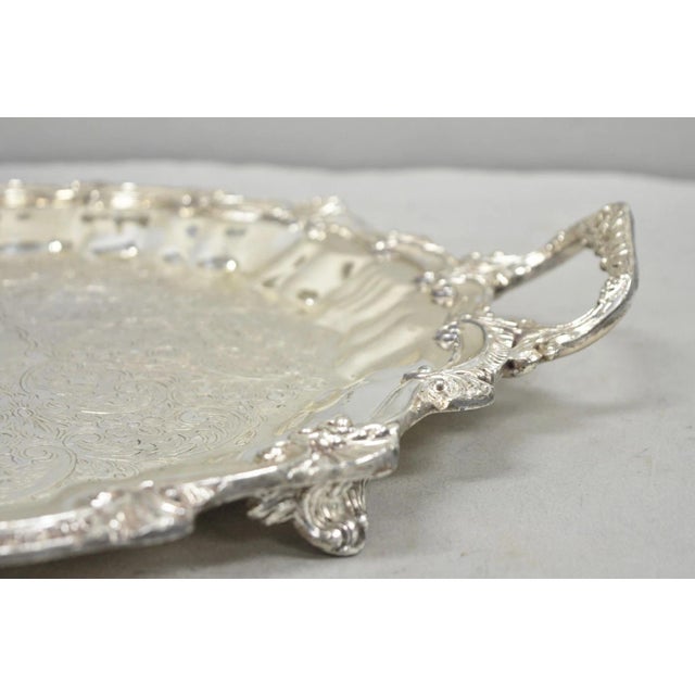 Vintage Victorian Silver Plated Round Scalloped Twin Handle Bar Serving Tray For Sale - Image 9 of 17