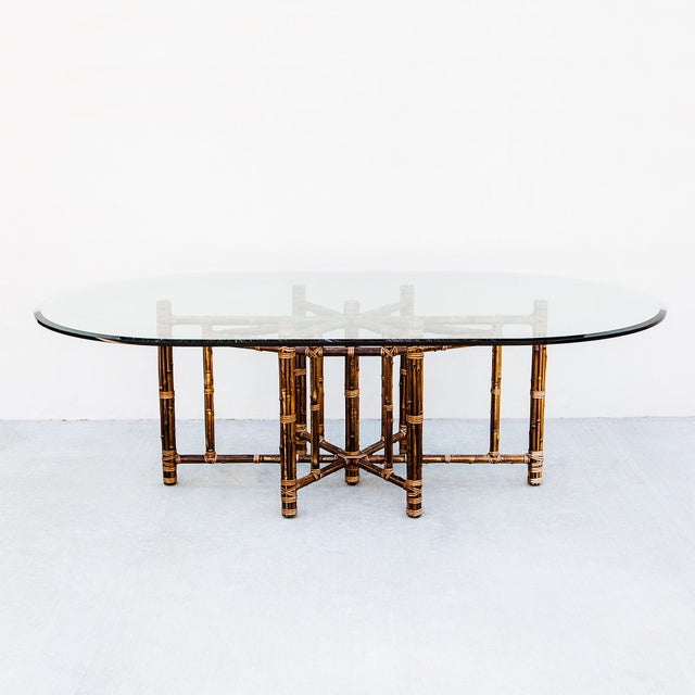 1980s McGuire Attributed Coastal Modern Bamboo & Laced Rawhide Racetrack Dining Table For Sale - Image 9 of 15