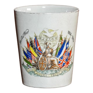 Commemorative Antique English World War I Patriotic Porcelain Beaker Cup Militaria Flags For Sale