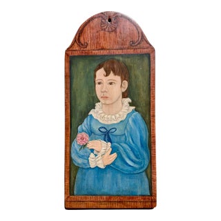 Original Vintage Signed Folk Art Portrait Painting on Wood Panel For Sale